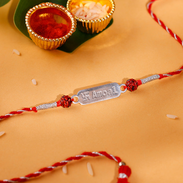 Silver Personalised Name Plate Rudraksh Rakhi — image 1