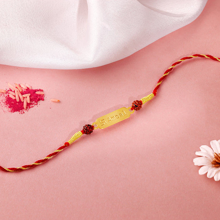 Golden Personalised Name Plate Rudraksh Rakhi — image 1