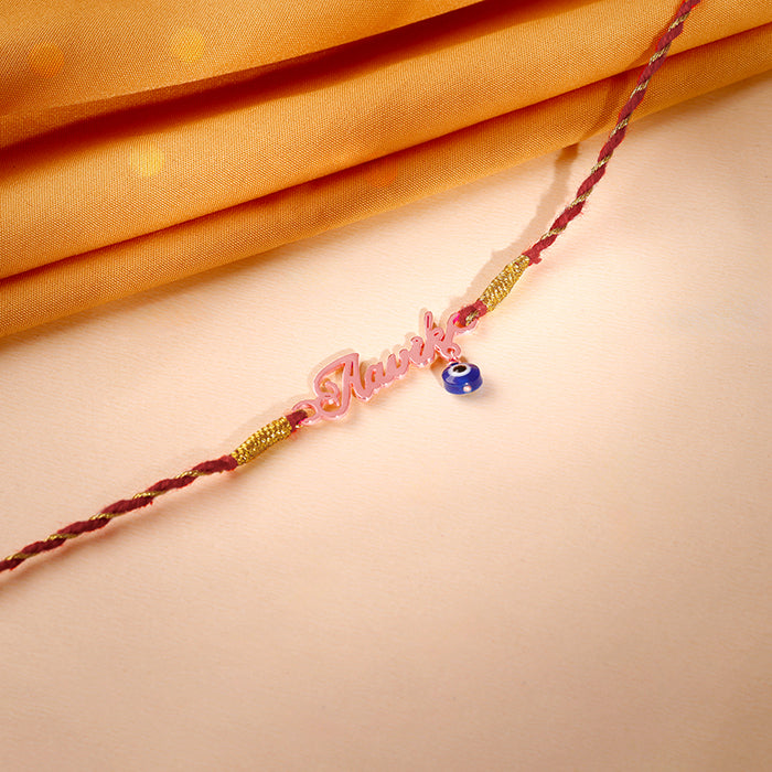 Rose Gold Personalised Name Nazar Battu Rakhi — image 1