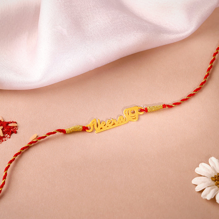 Golden Personalised Name Mor Pankh Rakhi — image 1
