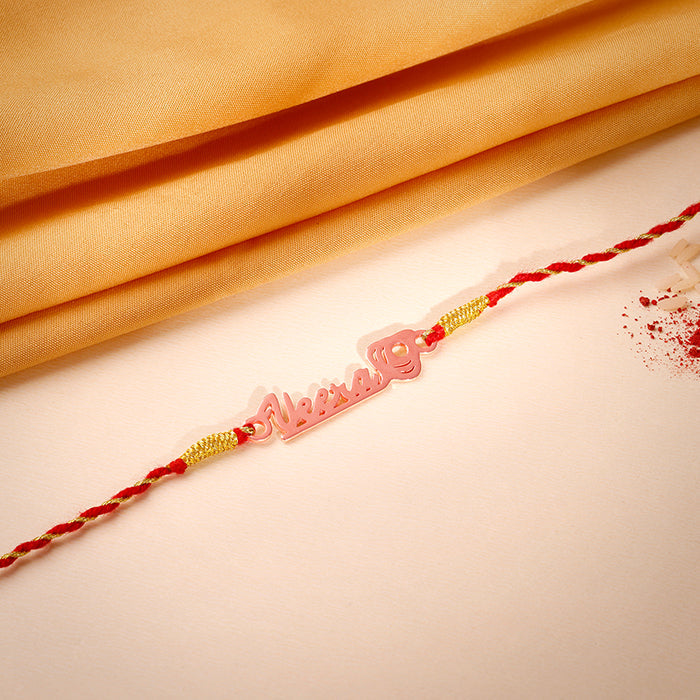 Rose Gold Personalised Name Mor Pankh Rakhi — image 1