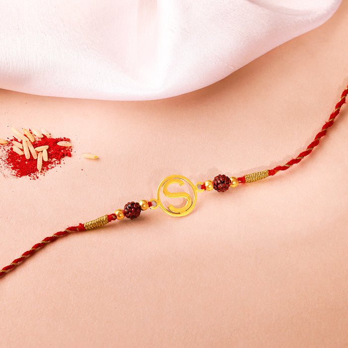 Golden Personalised Initial Rudraksha Rakhi — image 1