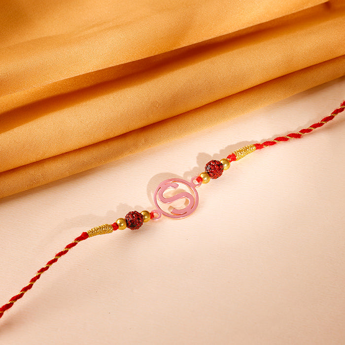 Rose Gold Personalised Initial Rudraksha Rakhi — image 1