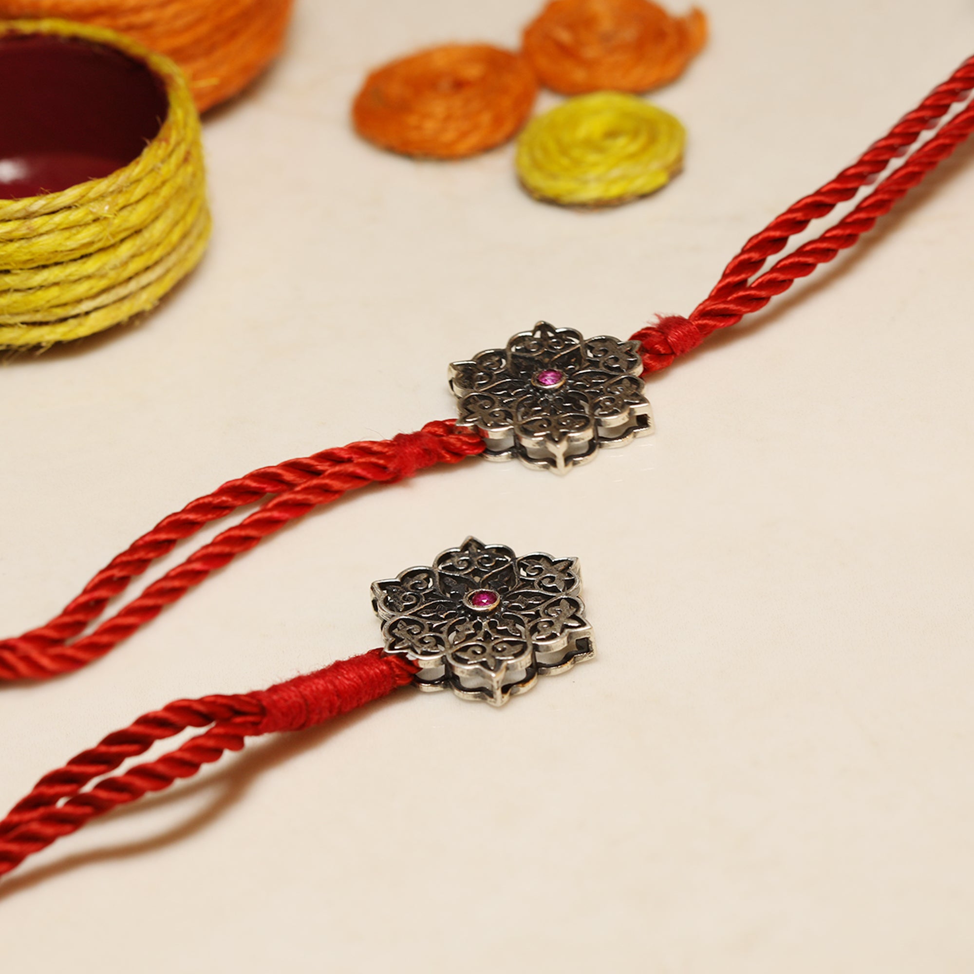 Oxidised Silver Pop Pink Flower Rakhi Set (Bhaiya Bhabhi) — image 1
