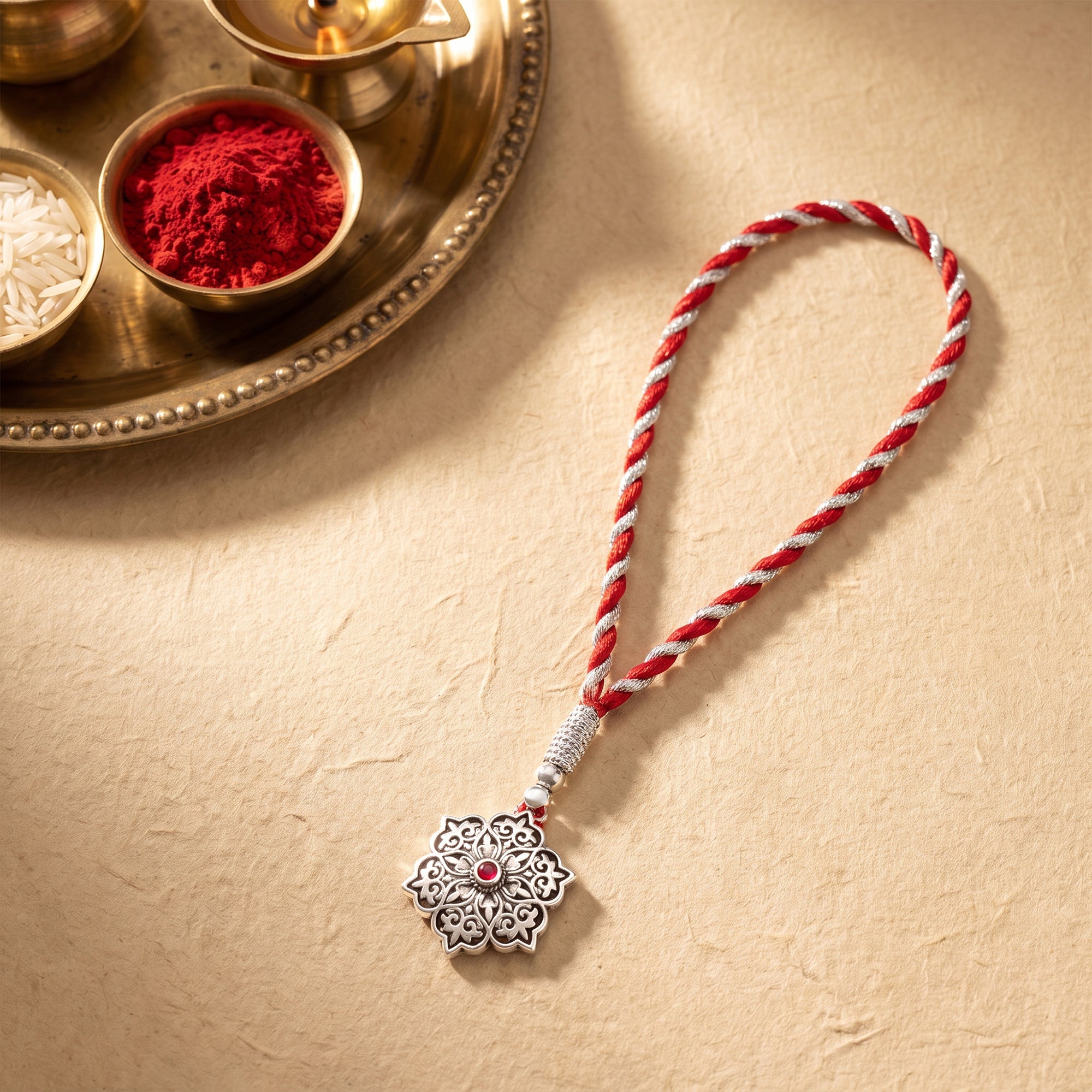 Oxidised Silver Pink Pop Flower Lumba Rakhi — image 1