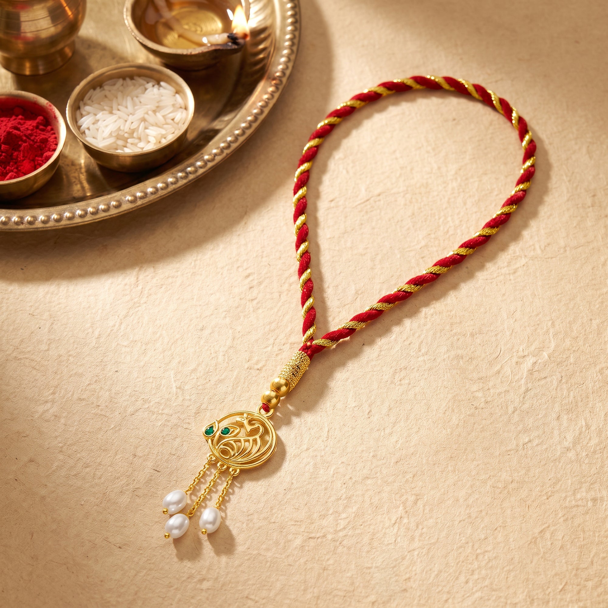 Golden Dangling Pearls Peacock Lumba Rakhi — image 1