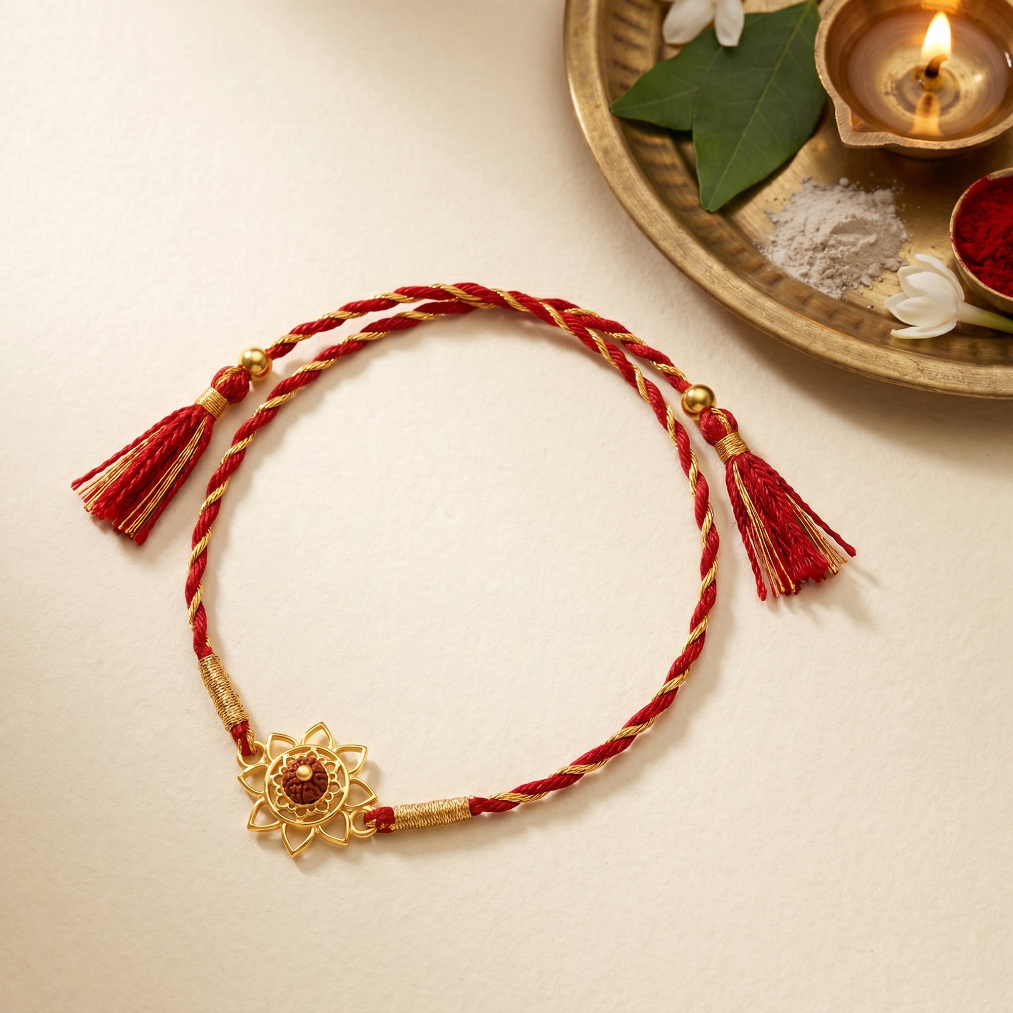 Golden Flower Rudraksham Rakhi — image 1