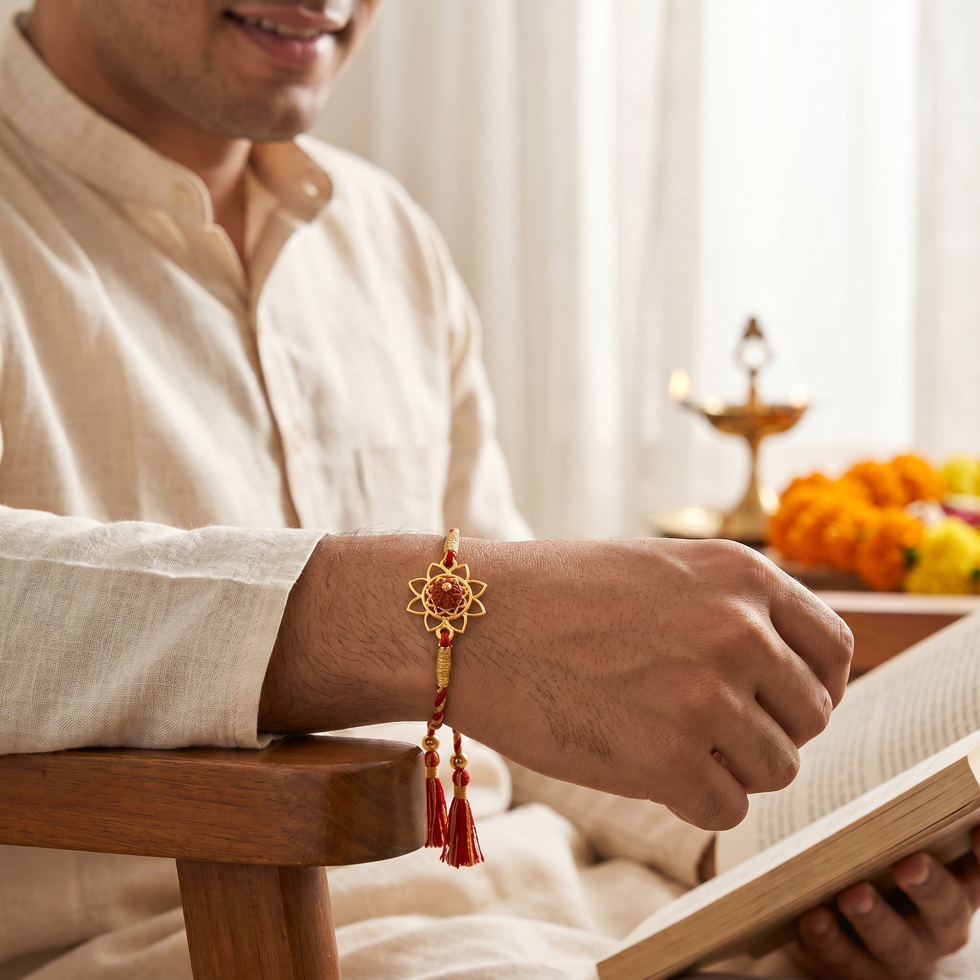 Golden Flower Rudraksham Rakhi — image 2