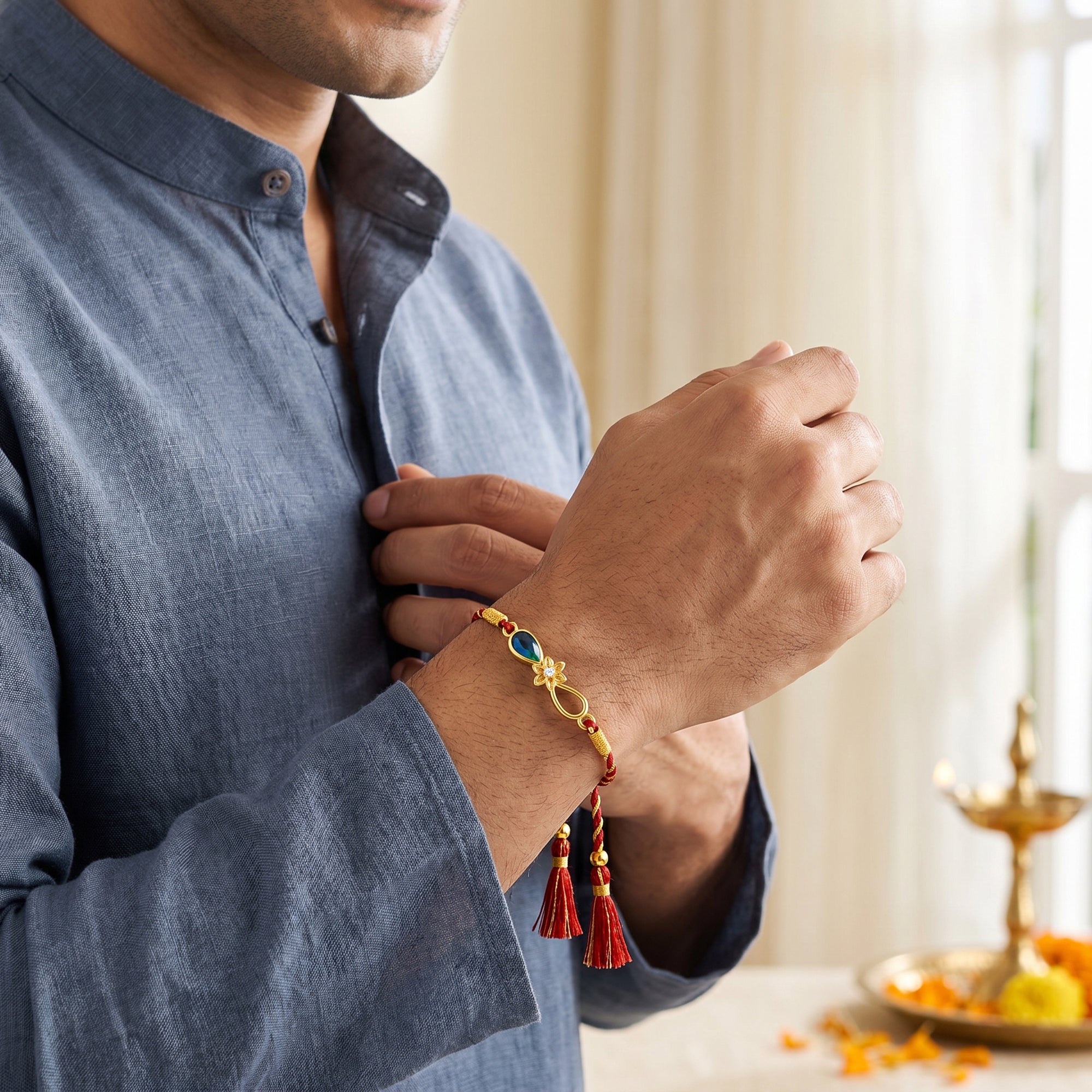 Golden Floral Mayur Rakhi — image 2