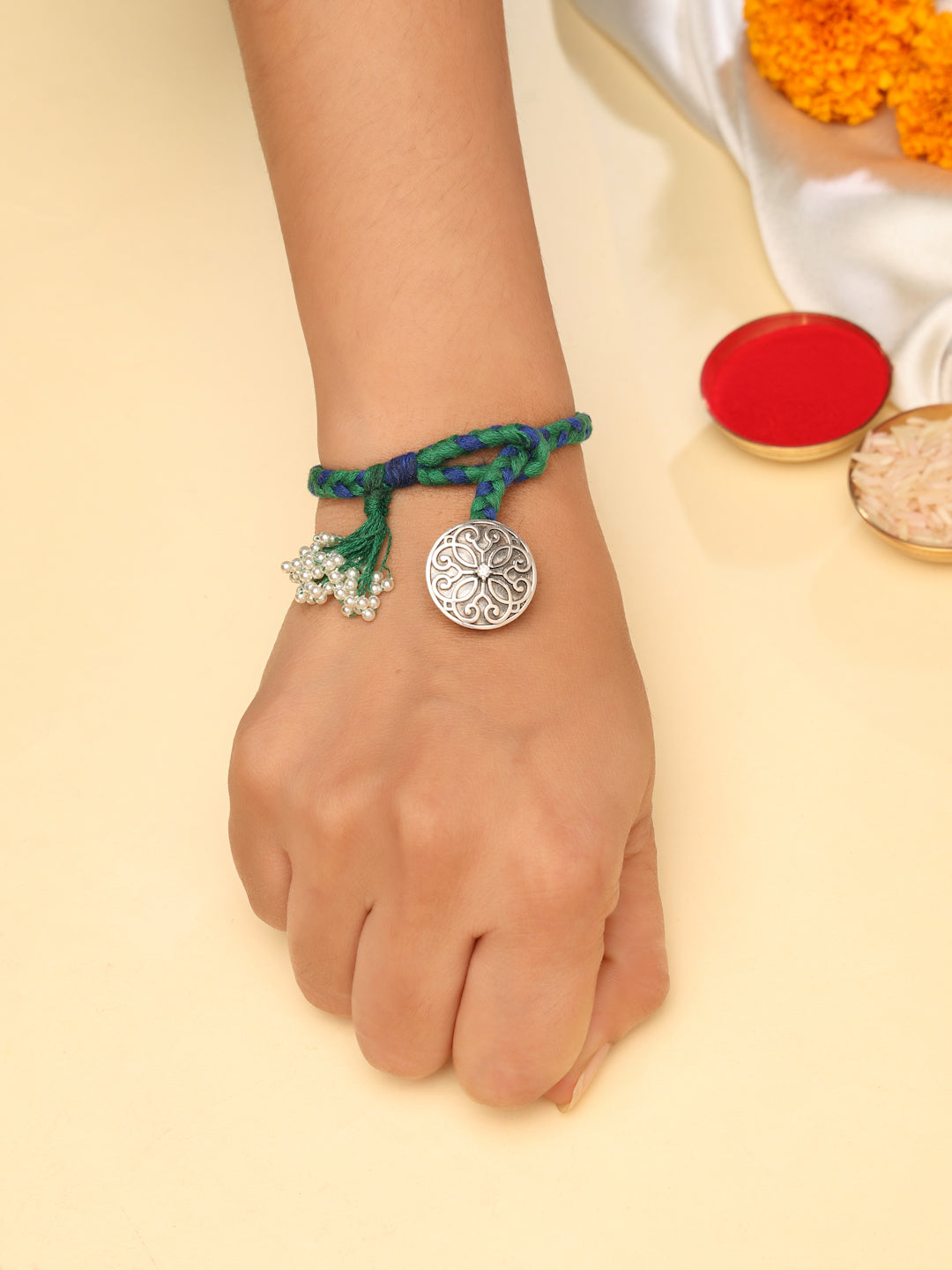 925 Silver Filigree Floral Moissanite & Pearl Lumba Rakhi — image 2