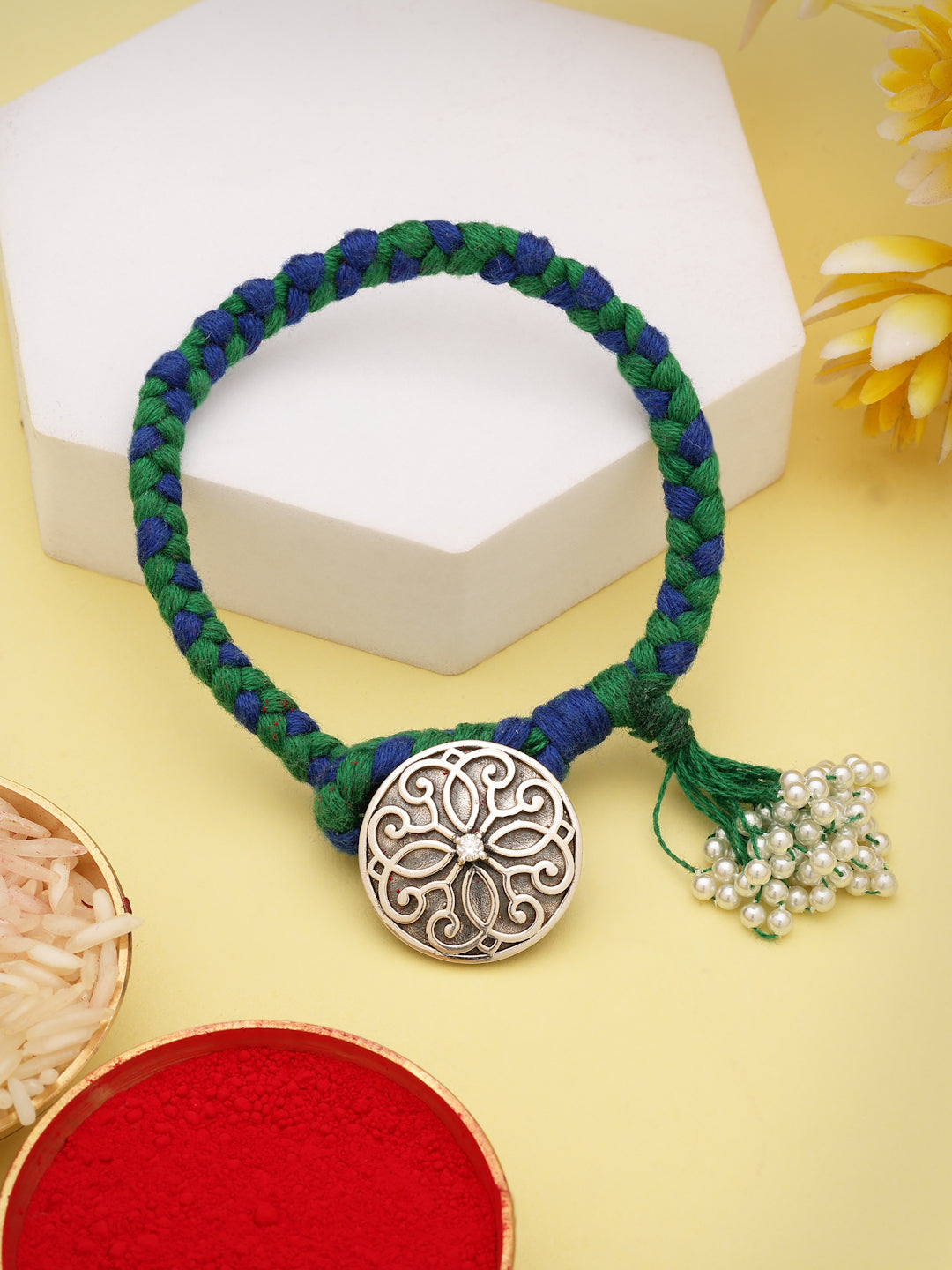 925 Silver Filigree Floral Moissanite & Pearl Lumba Rakhi — image 1