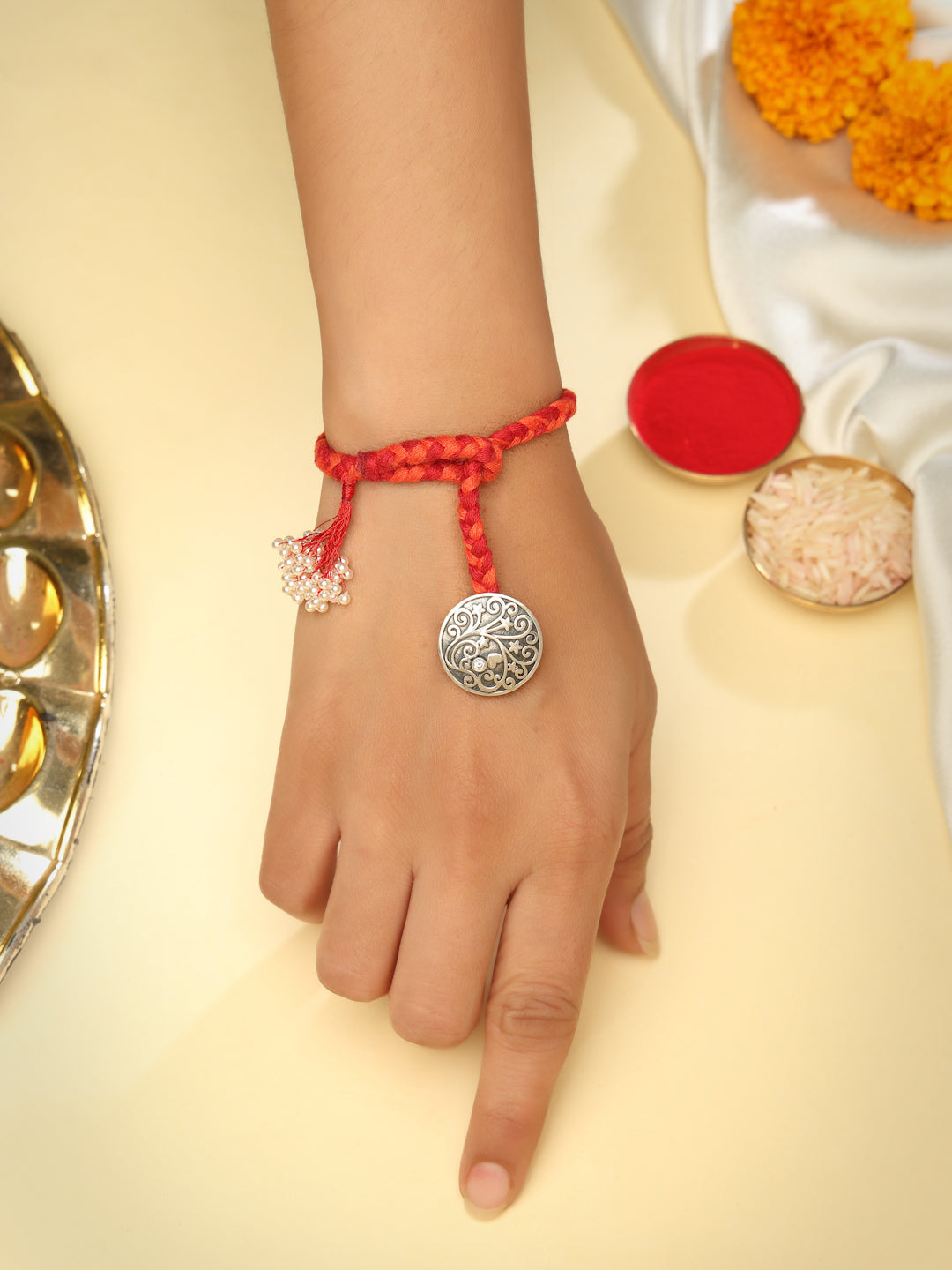 925 Sterling Silver Moissanite & Pearl Filigree Lumba Rakhi — image 2