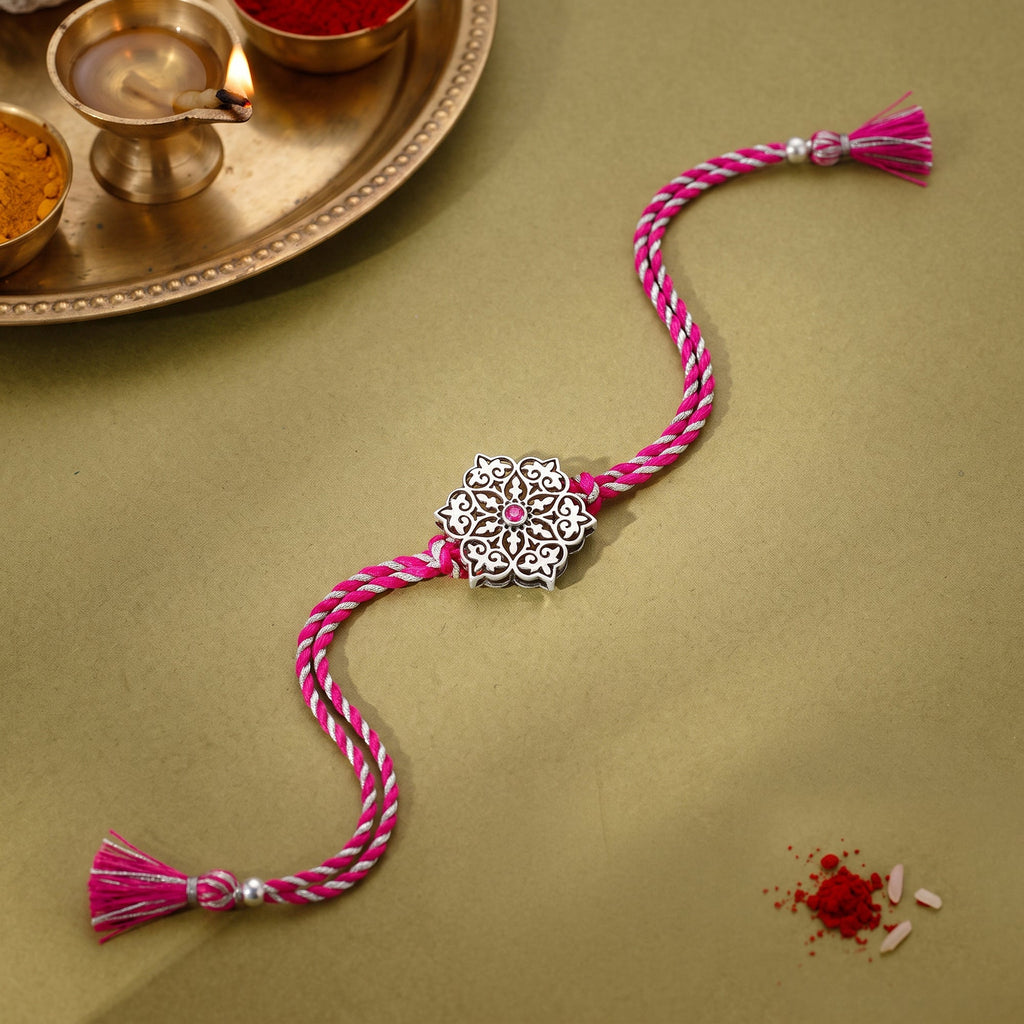 Oxidised Silver Pink Flower Rakhi — image 1