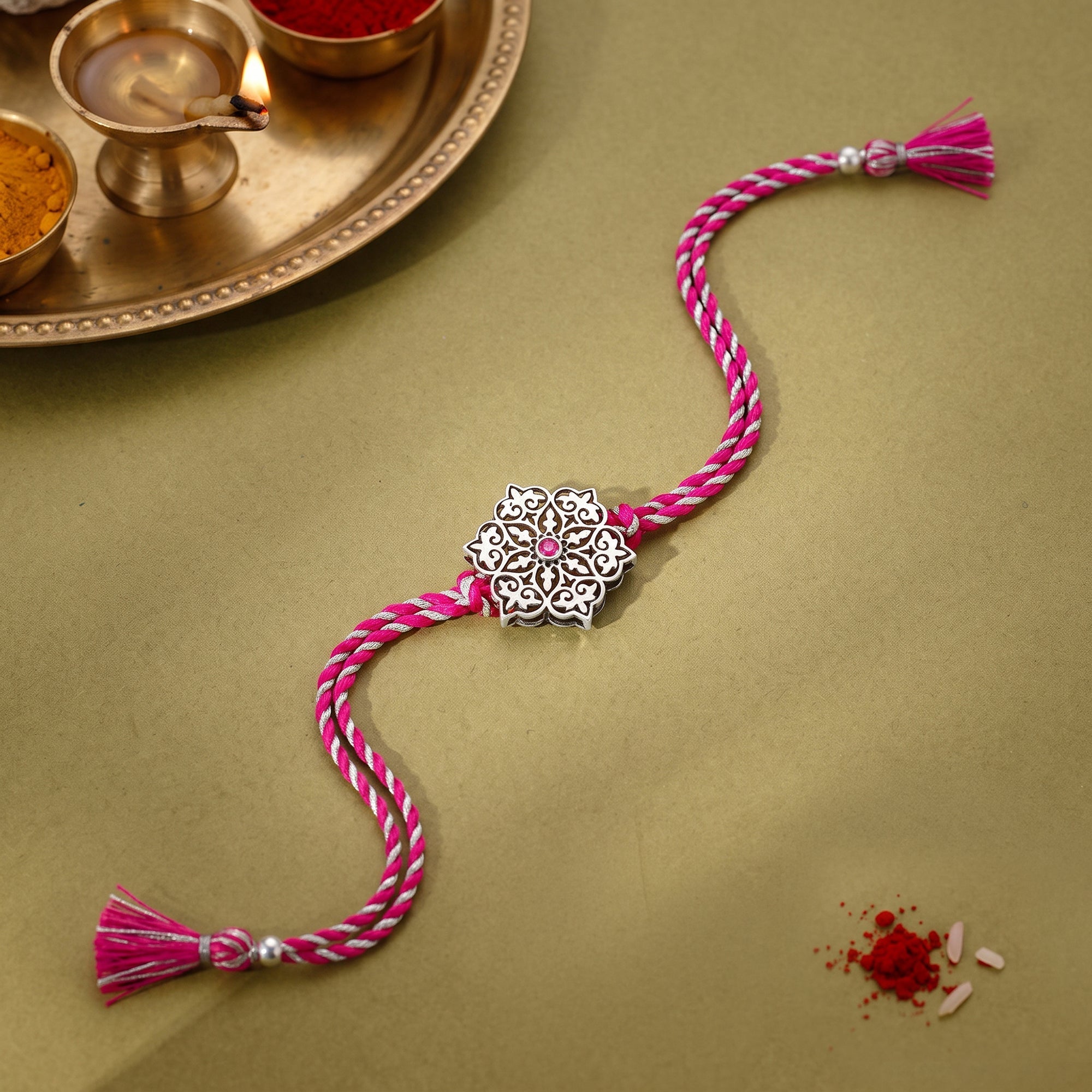 Oxidised Silver Pink Flower Rakhi — image 1
