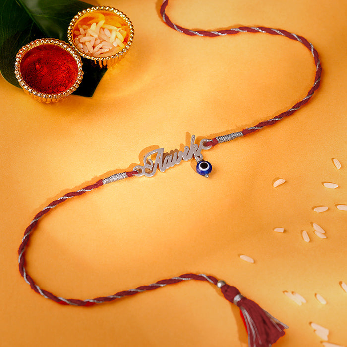 Silver Personalised Name Nazar Battu Rakhi — image 1