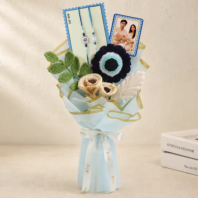 Evil Eye Double Rakhi Bouquet with Personalized Photo Frame
